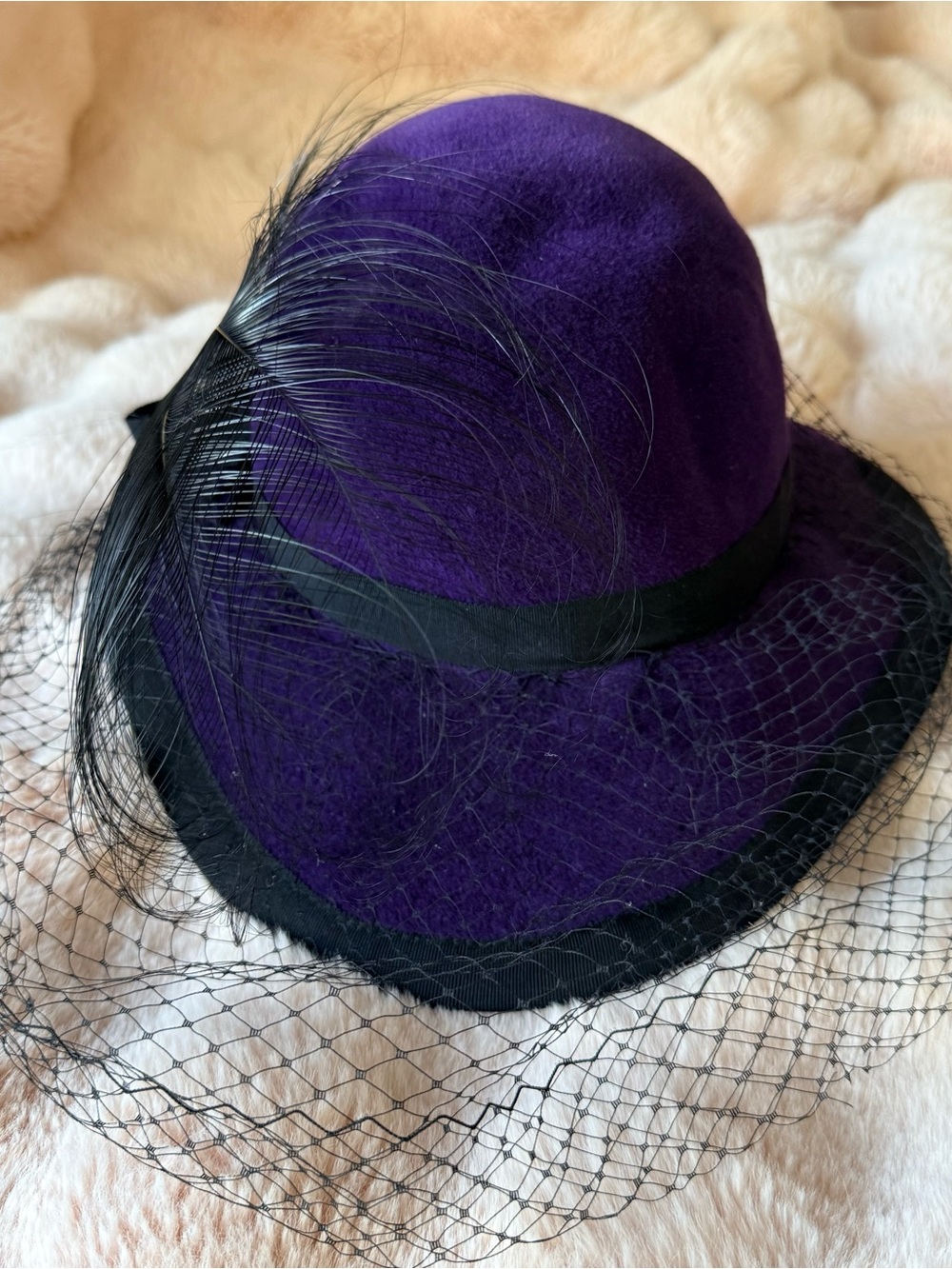 Vintage André Montreal Purple Felt Hat Black Veil Feather Mid Century